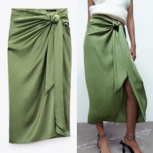 Zara Green Satin Effect Midi Skirt With Knot Drapey Knee Length Silky Medium